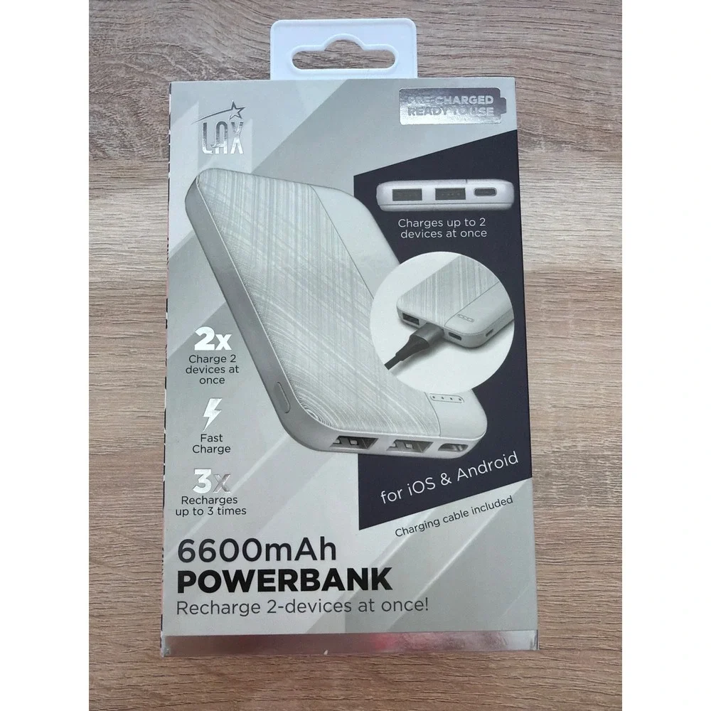 LAX 6600mAh Power Bank Portable Charger Dual USB Fast Charge White LX16W NIB